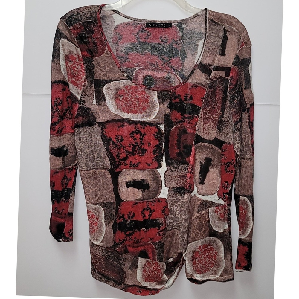 NIC + ZOE Abstract Print Linen Blend Long Sleeve Top Women Artsy Sz L Boho‎ Chic
